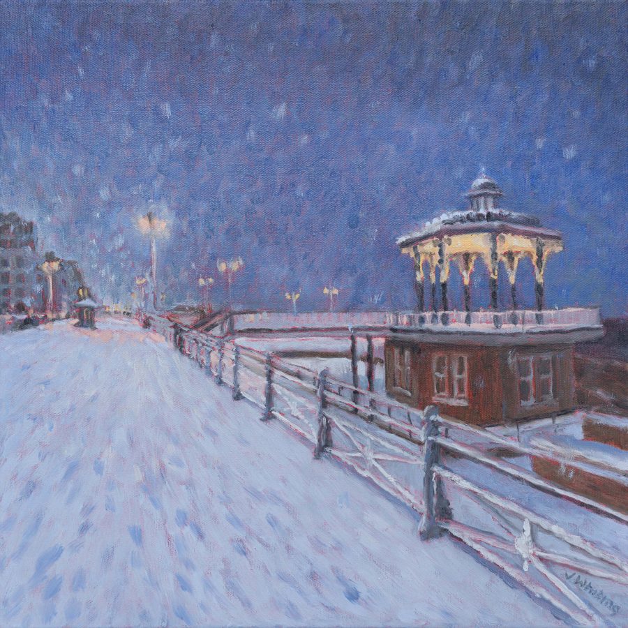 Oil painting of the bandstand on a snowy Brighton seafront, a golden light illuminates the underside of the roof, distant street lights glow, snow is falling,