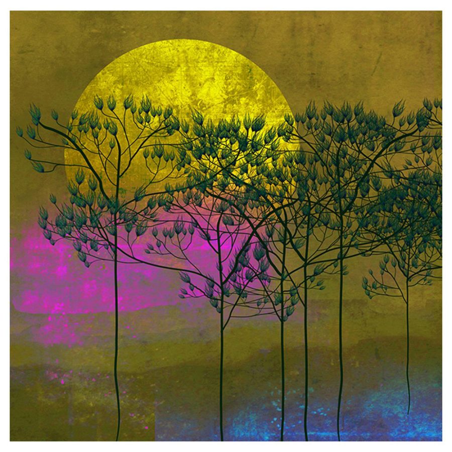 large gold moon, with pink and blue sky