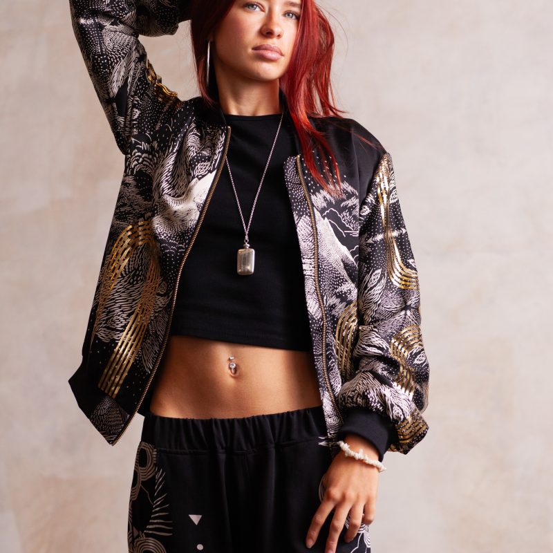 Hand printed black and gold silk bomber jacket