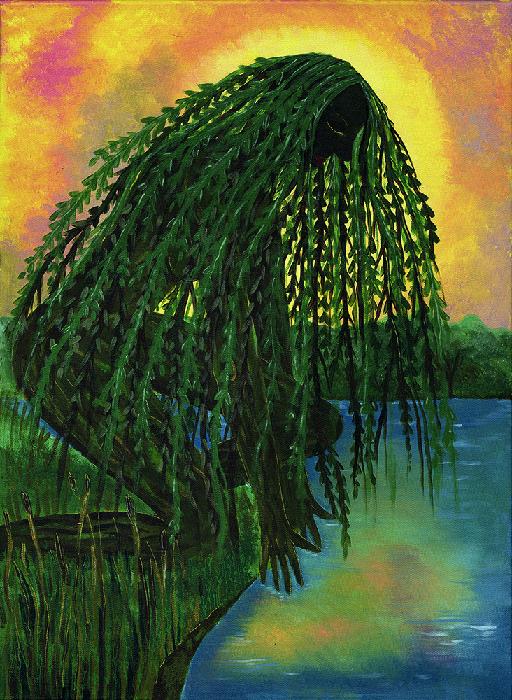 Willow tree in the shape of a women, bent over with hands dripped into a river at dawn