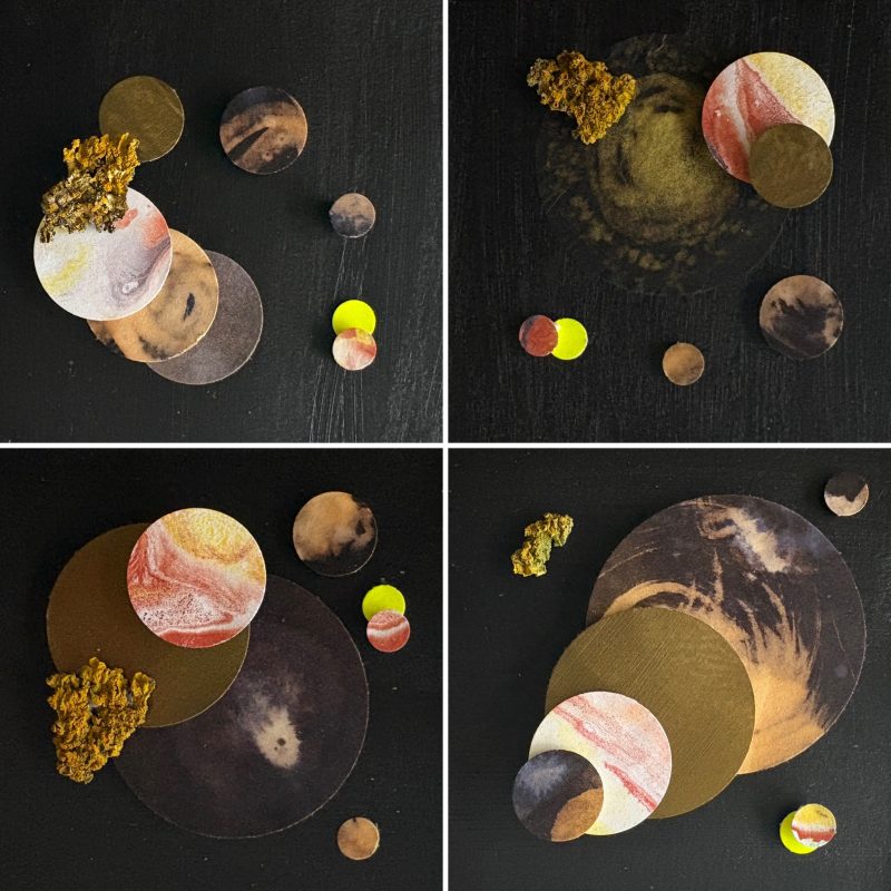 A series of 4 collage works inspired by black holes and planets in the solar system. Each collage is 7.5 x 7.5 cm. Hand cut circles from hand made papers and card create planet forms on black acrylic painted paper with collected lichen asteroid..