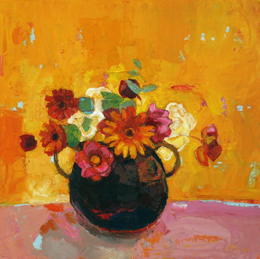 Still life floral painting in pinks and oranges, with a dark round vase.