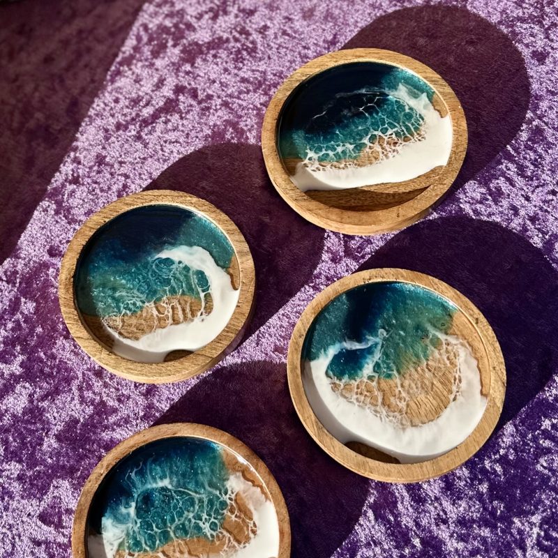 Acacia wood & epoxy resin coaster reminiscent of the sea