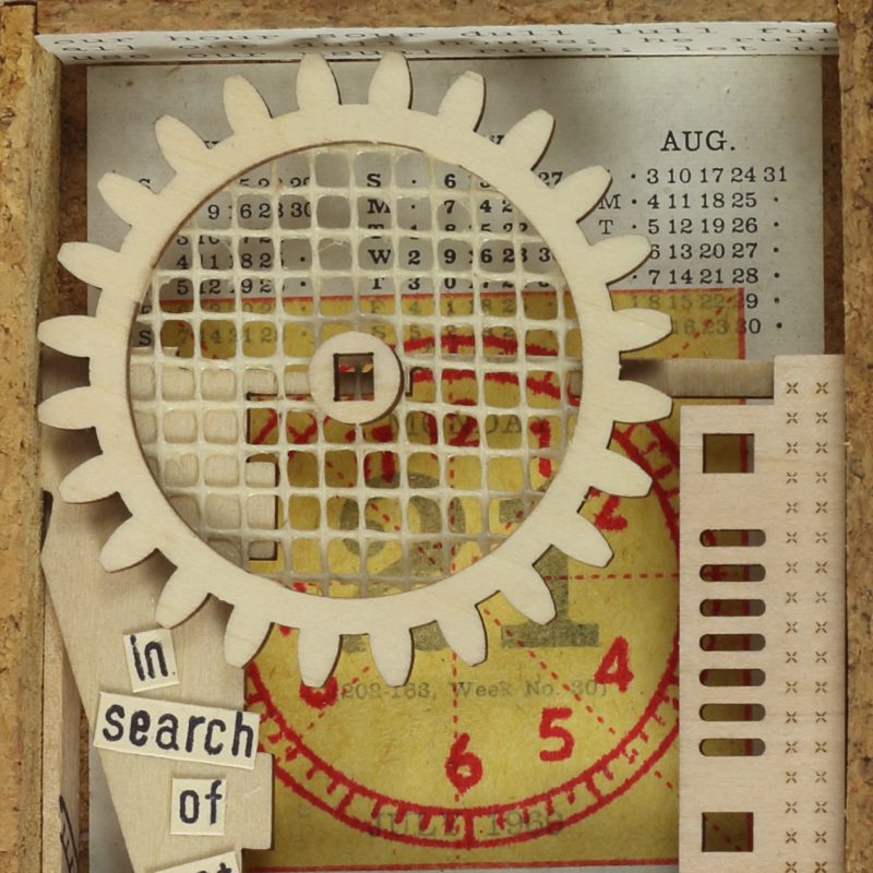 3D structure in a box, paper, found plywood forms and other objects. A6. 10.5x14.8 cms