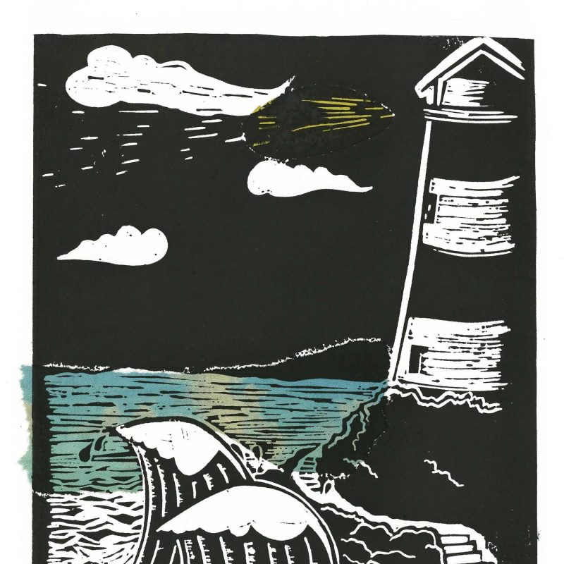 a lino cut print of a lighthouse on a cliff with a dark sky and clouds. black and white print with blue accent for the sea.