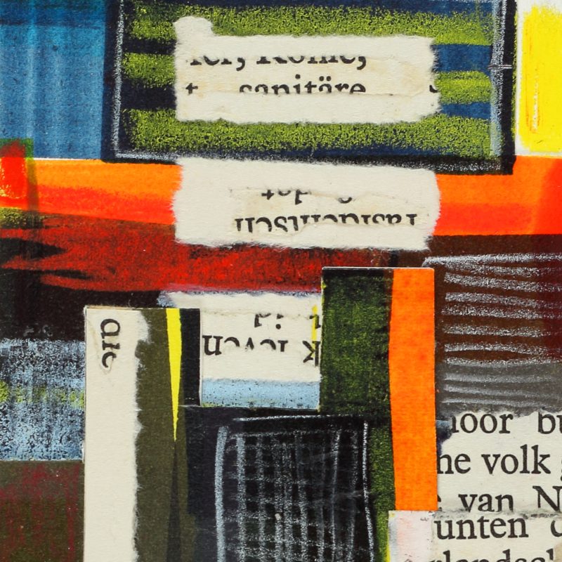 Collage with crayon, paint, ink, and lost words from old damaged german book.
