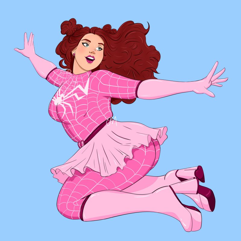 Spider-Pop is a digitally drawn character by artist Sian Messenger also known as Quantum Elixir. The female character is dressed all in pink with a spider logo on her top. She has red hair and smiling face and is posed in a joyful leap on a baby blue background.