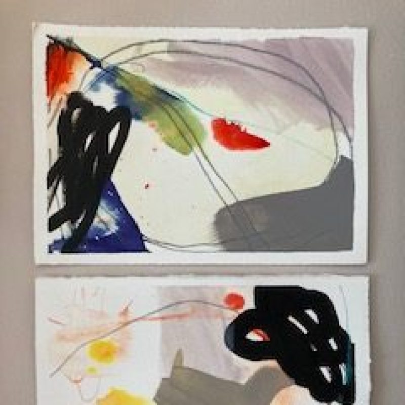 2 works on paper, with absract forms and bright colours