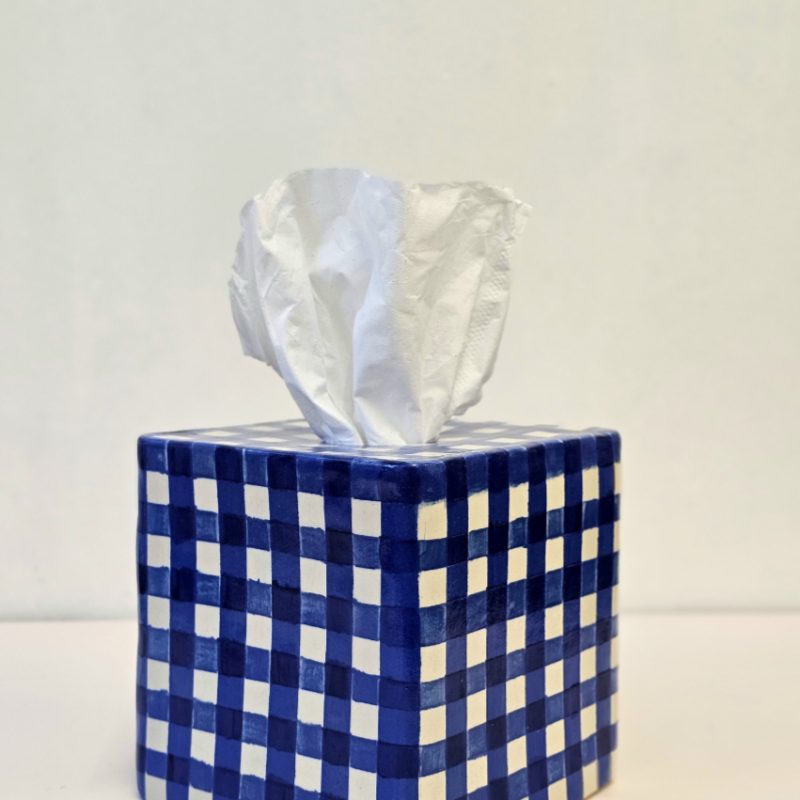 A blue and white gingham painted ceramic tissue box cover