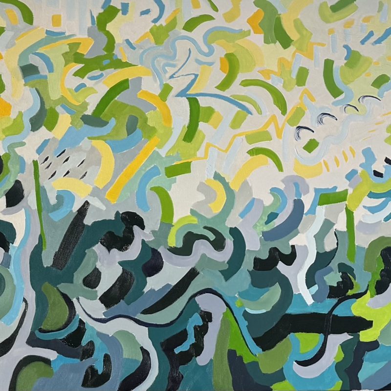Green and yellow abstract oil painting based on the sounds of the forest 