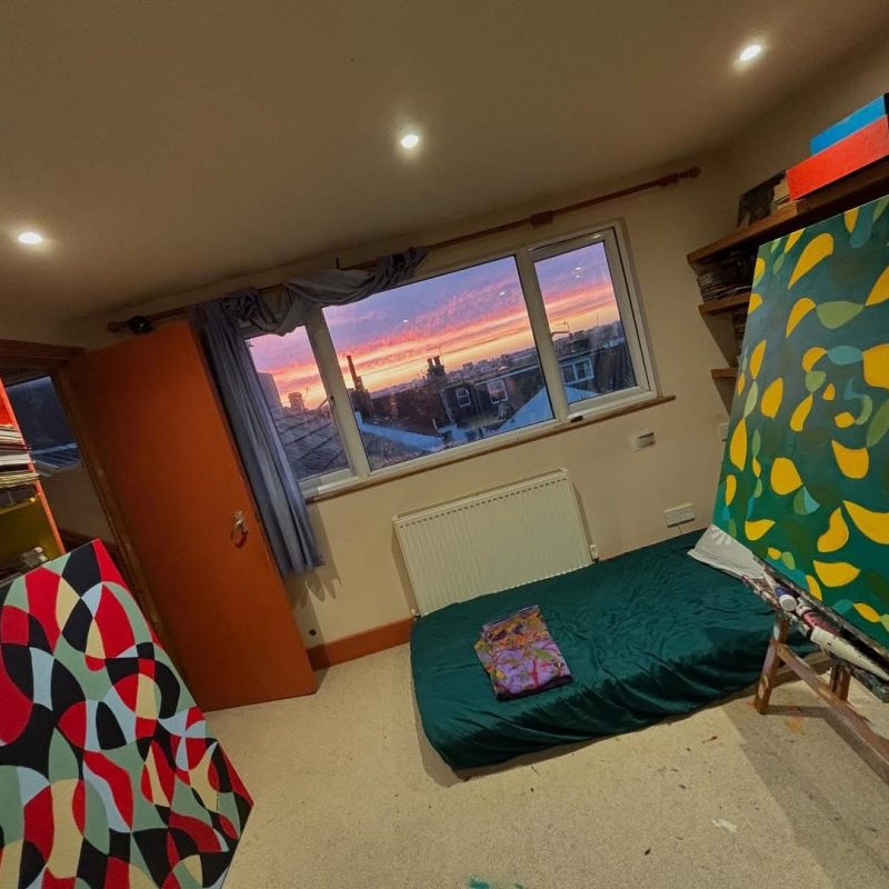 Sunset in the art studio with 2 paintings 