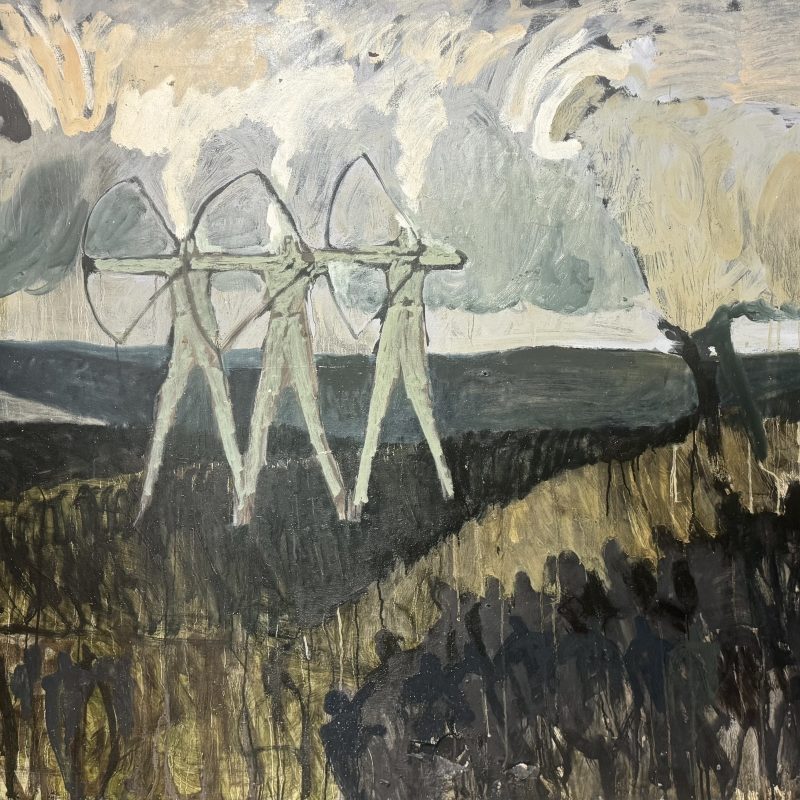 Large canvas with archers and sheep