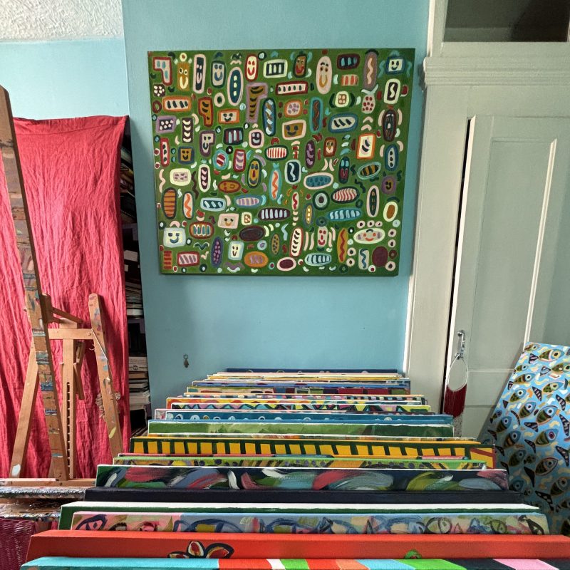 A lot of painting leaning in the art studio 