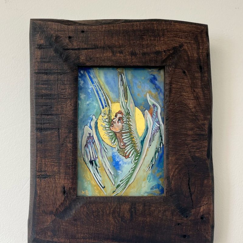 Framed Seraph painted on glass with gold leaf