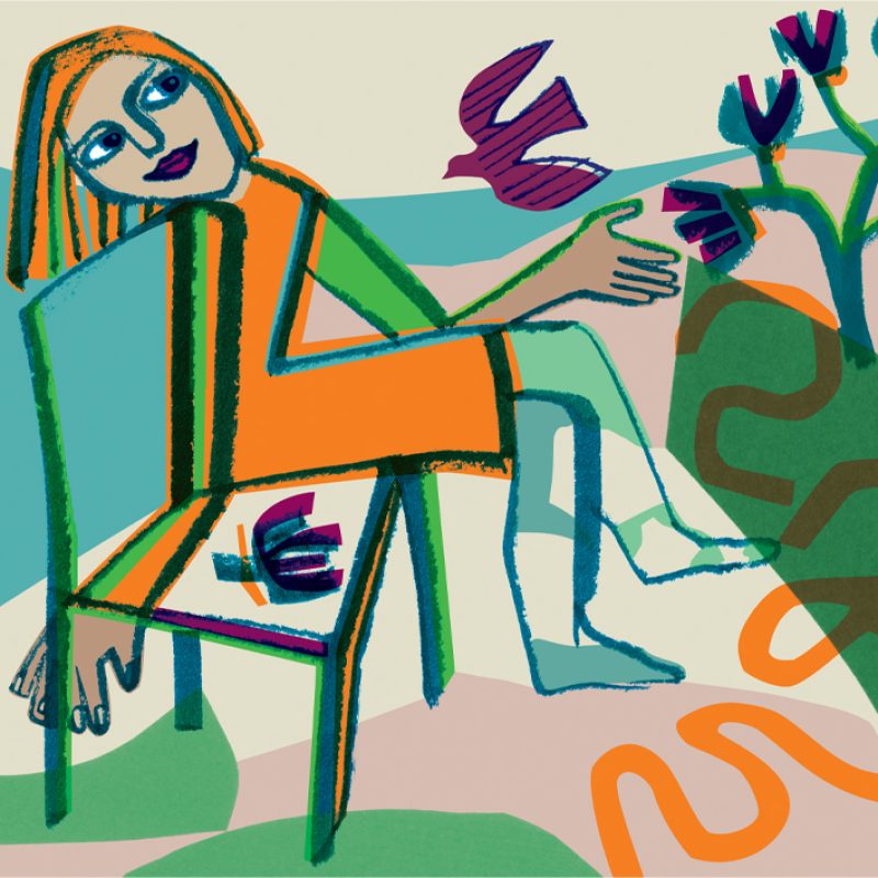 Seated Woman asking flying bird to join her from a tree.