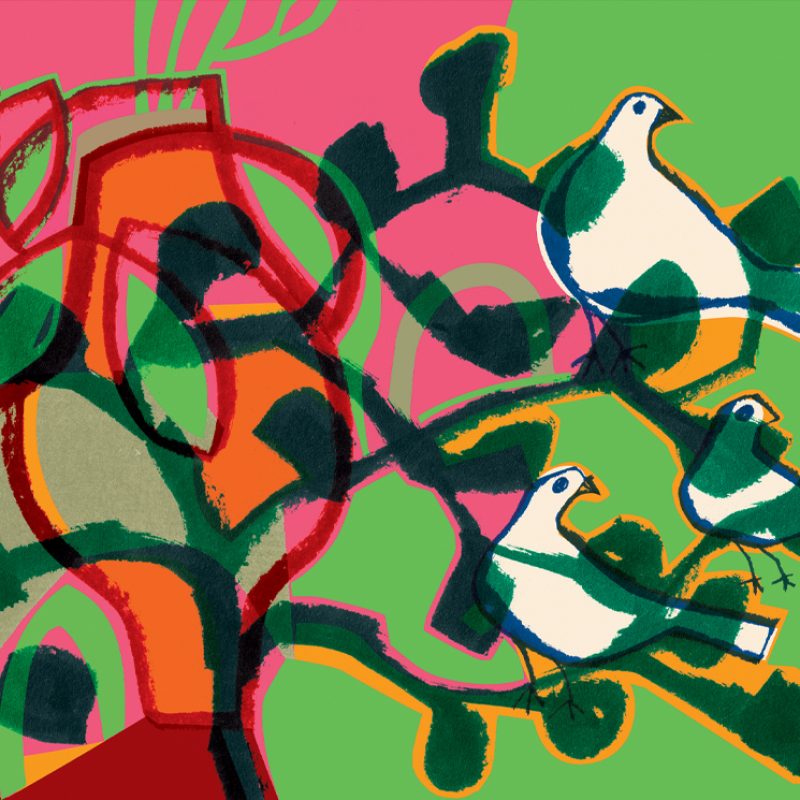 White doves in a tree with pink and green background and orange pot.