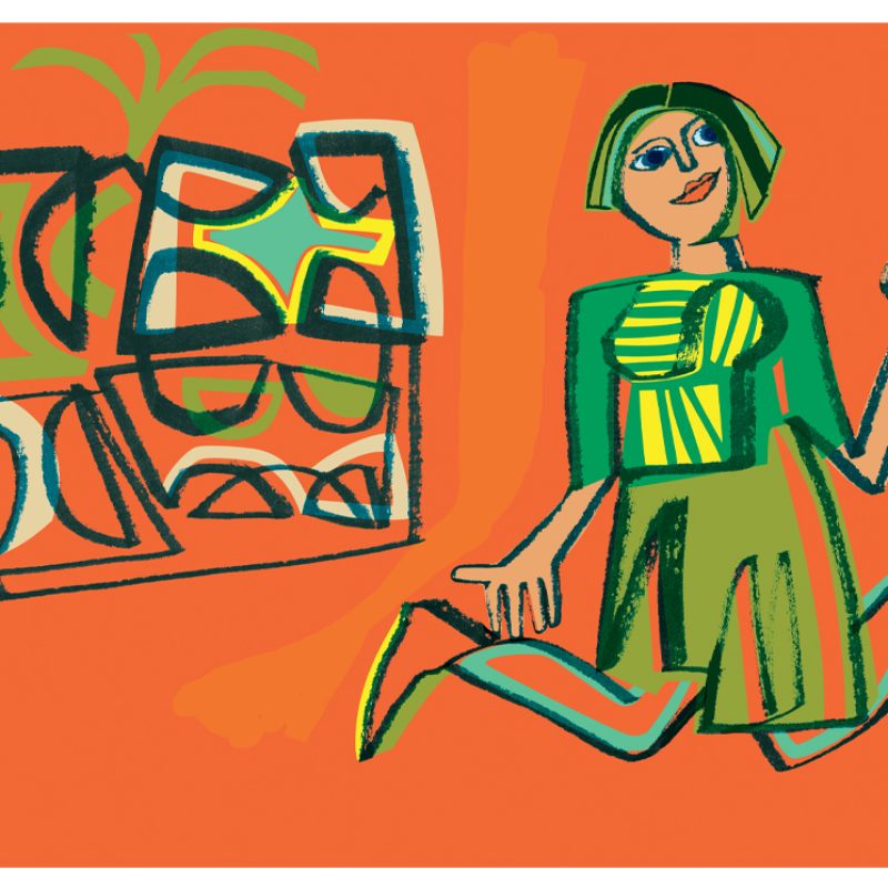 Woman Kneeling with yellow soled shoes on orange with box and tree.