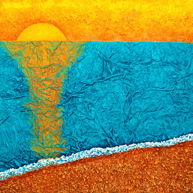 Vibrant highly textured collage and original painting of the sunrise on Brighton Beach