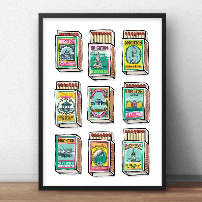 Colourful fun graphic art of safety match boxes with a Brighton theme