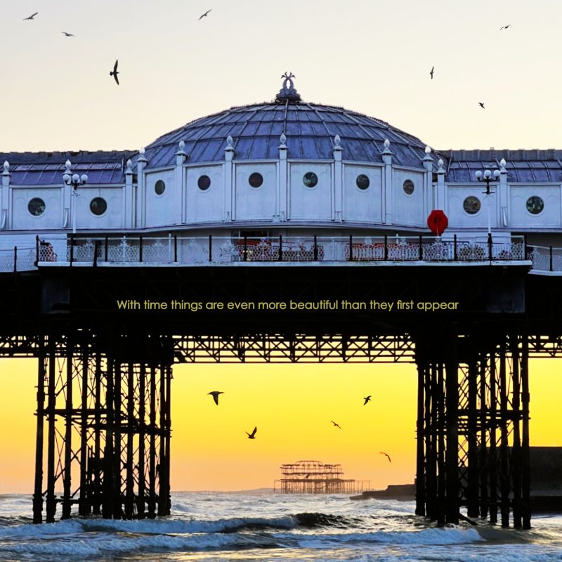 Beautiful photograph of the West Pier seen through Brighton Palace Pier