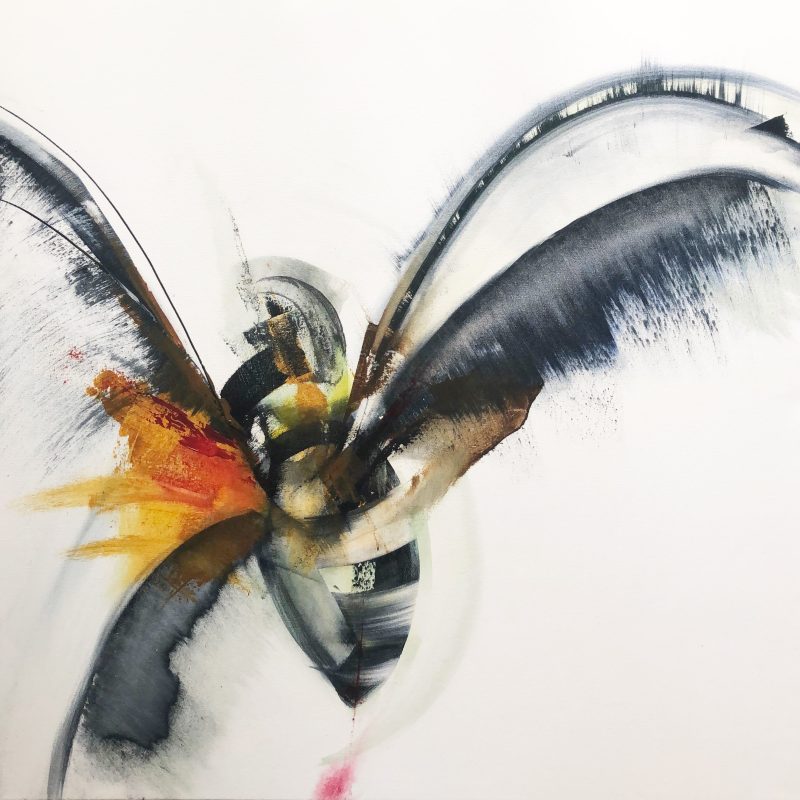 An Abstract Impressionistic  of a deconstructed  bee , painted in acrylics on a 100 x 100 c