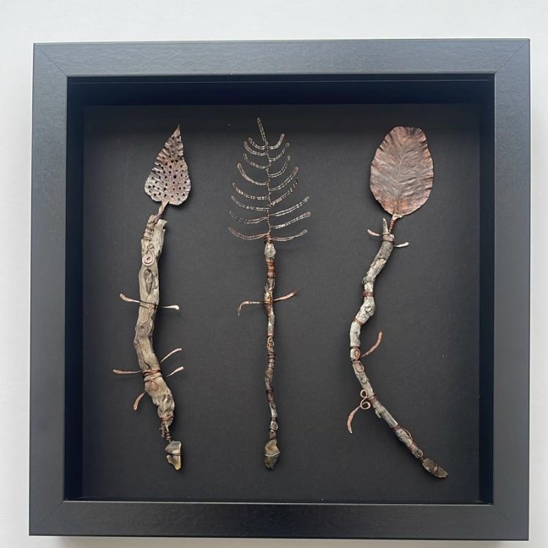 3 Copper Leaf Implements framed 25x25cm. Implements made from driftwood, flint, iron wire, annealed copper sheet
