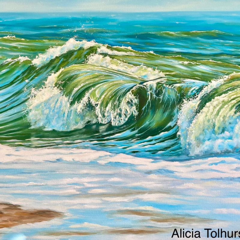 A painting of rolling waves hitting the shore