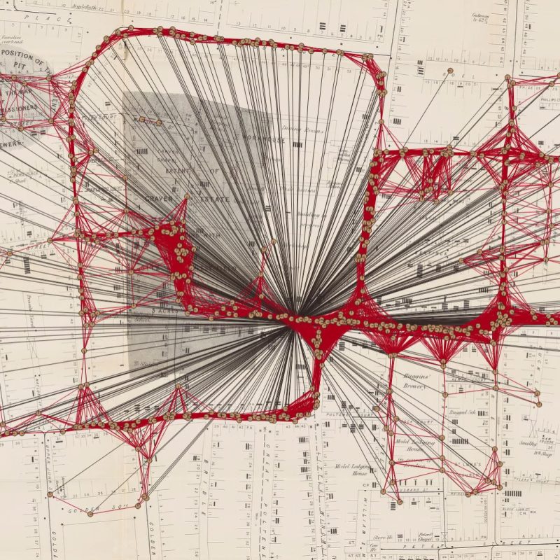 Victorian map on Broad Street in London with red lines