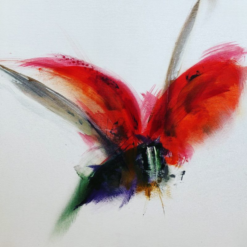 An Abstract Impressionistic painting of a ladybird in flight, painted in acrylics on a 61 x 61 cm canvas