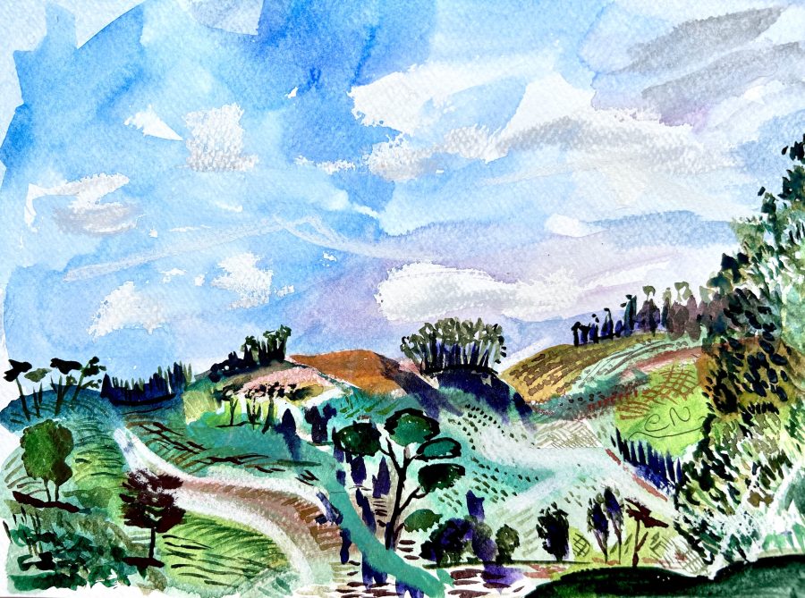 Vibrant colours of the South Downs National Park in watercolour
