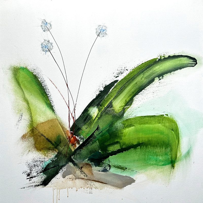 An Abstract Impressionistic painting inspired by a wild plant , painted in acrylics on a 100 x 100 cm canvas