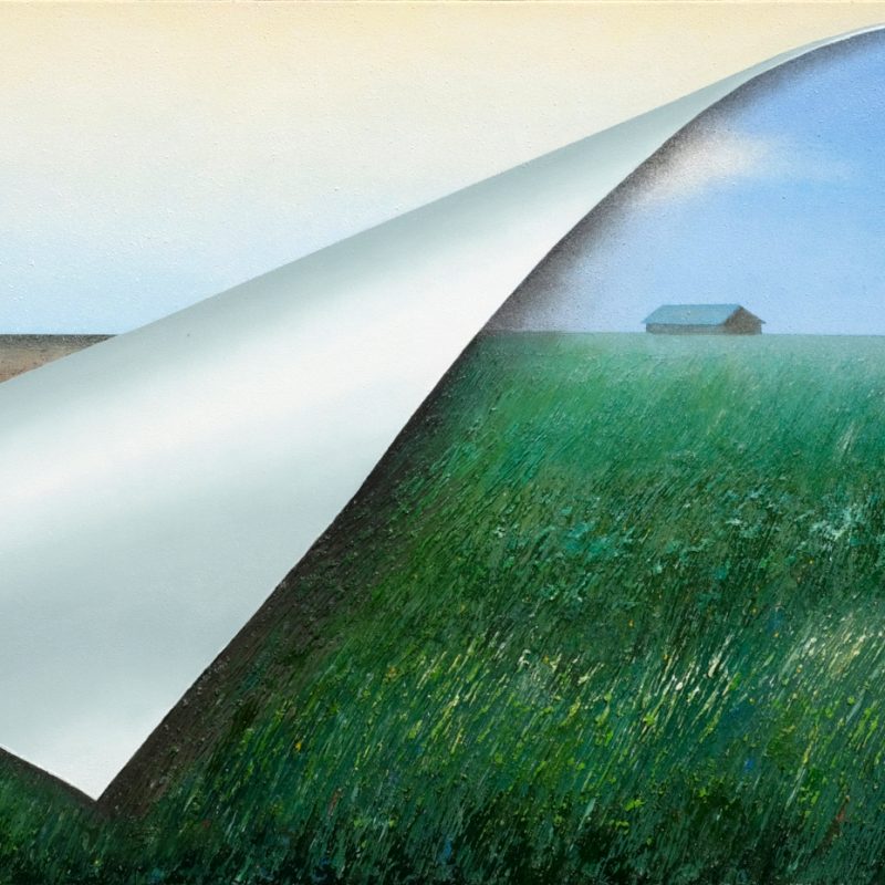 Landscape of a lush, green field with a barn in the distance - but it looks as though the top left corner of the canvas has been peeled down to reveal an arid landscape behind.