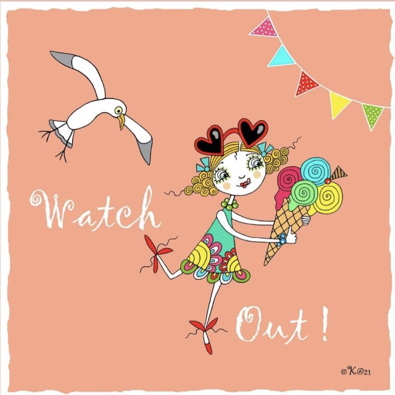 On a peach background skips a girl holding a multicoloured  ice cream. Behind her a seagull follows !