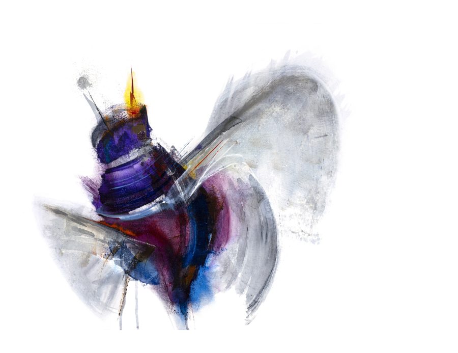 An Abstract Impressionistic painting of an imaginary insect in purple,blues and pinks in acrylic on canvas 