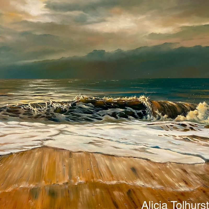 A beautiful painting of the waves crashing against the shore