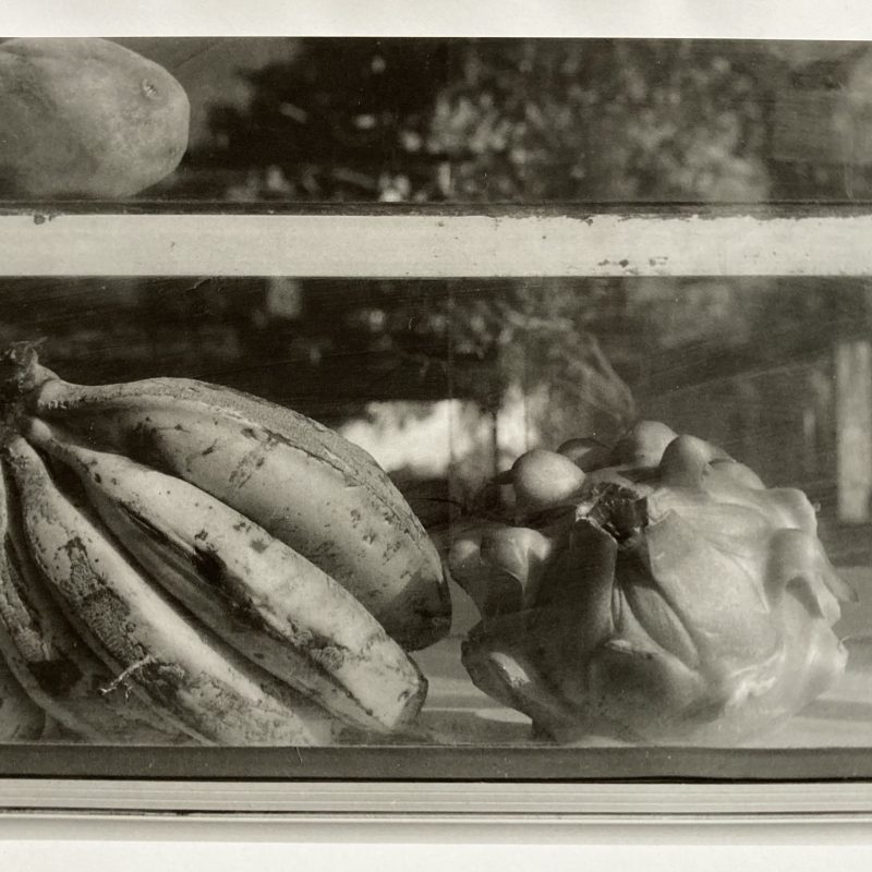 A view into a street food cabinet in Indonesia, showing tropical fruit.