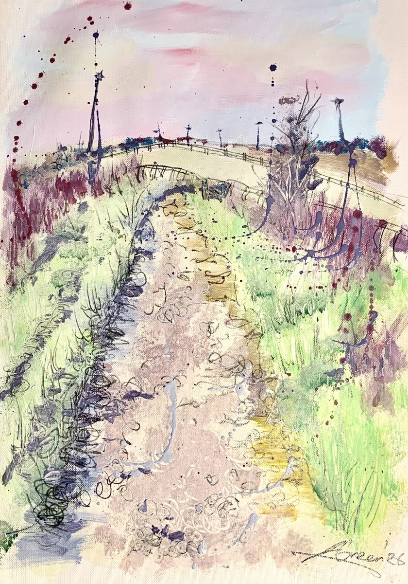 Subtle shades of pinks surround the sweep of brighton racecourse ending with splats of cream representing the movement and textures of the grasses. 