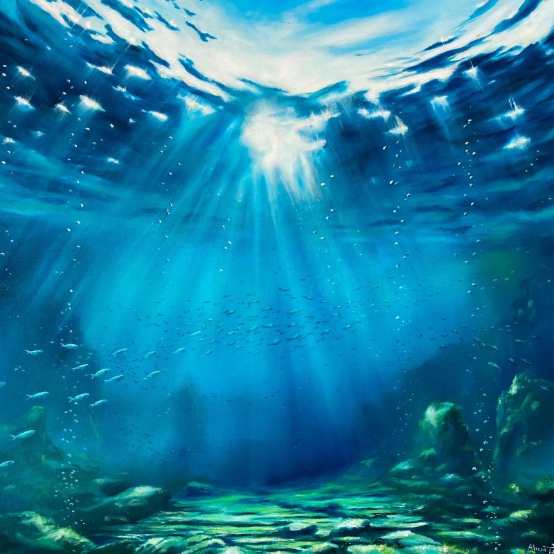 A beautiful painting with a view of the sky from below the water