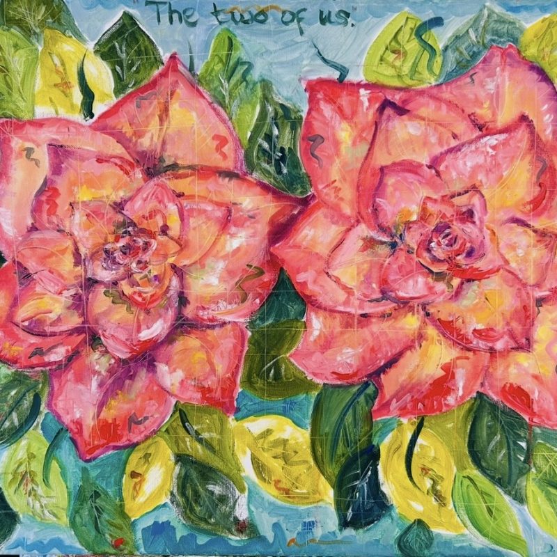 Bright large flowers in oil paint on canvas