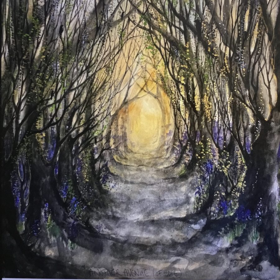 Atmospheric watercolour and gouache painting depicting a tunnel of trees with a golden halo at the end. 