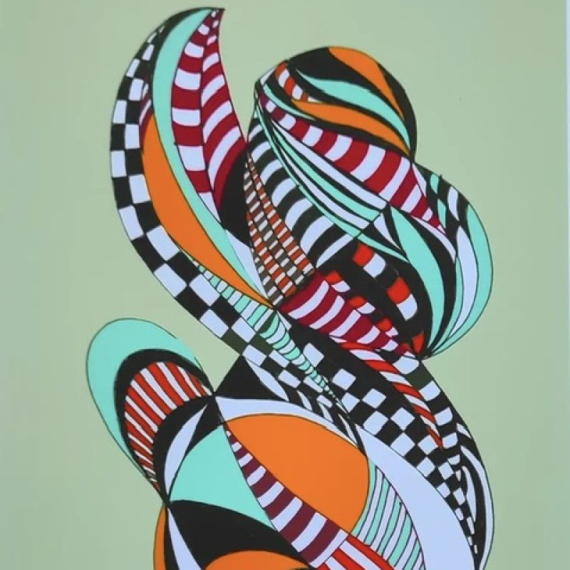 Interwoven colours and black and white patterns twist in and out in a green background