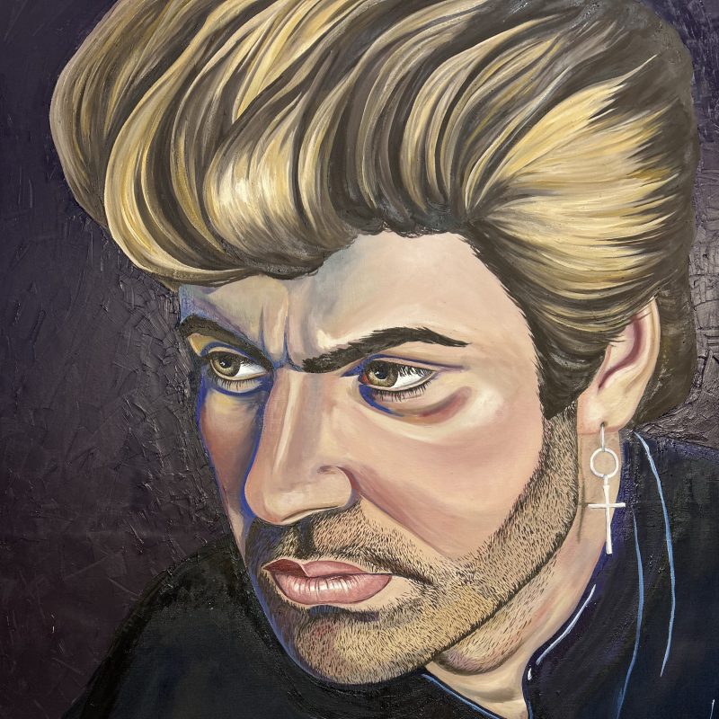 Large scale colourful painting portrait of George Michael.