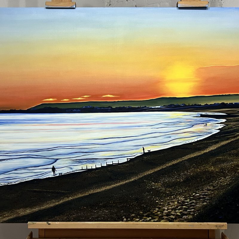 A large scale colourful painting of Pevensey bay at sunset. 