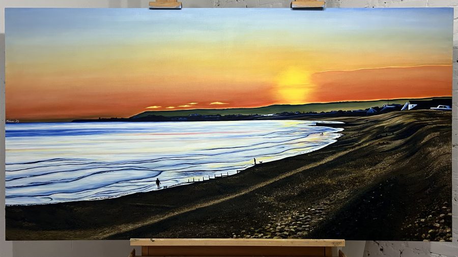 Large scale colourful painting of a vast beach scene 