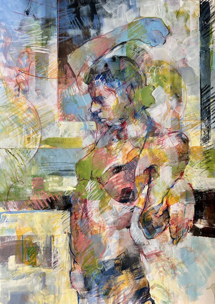 A semi-abstract figure emerging from a range of marks and colours