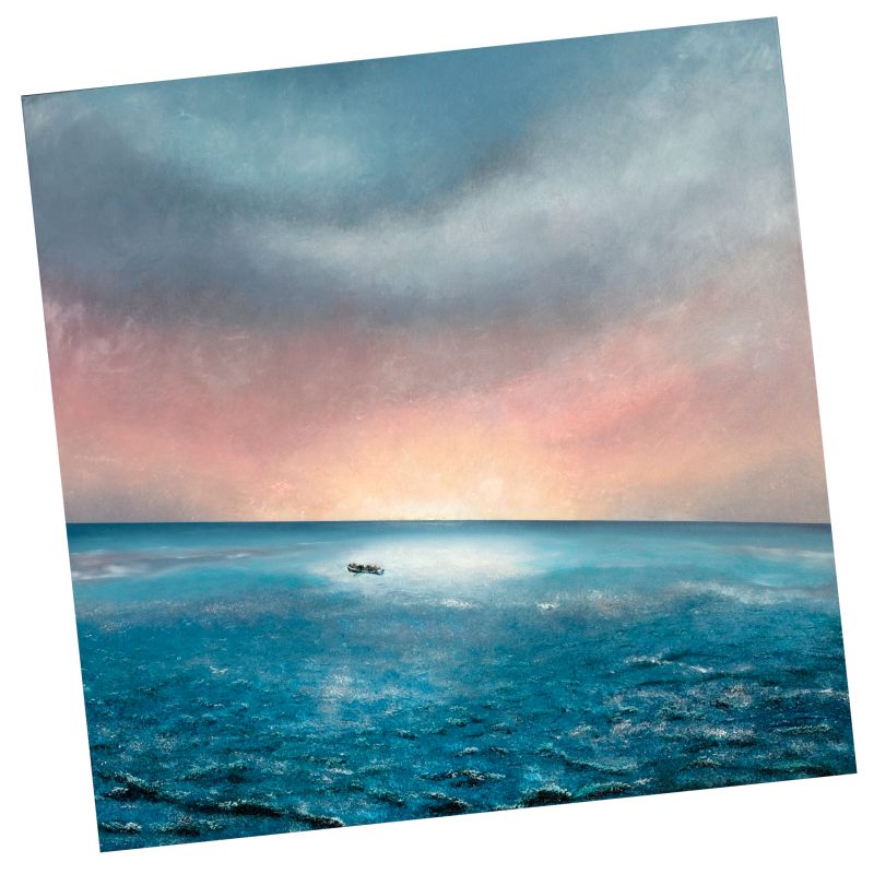 A distant lifeboat is seen on a blue sea, with a pink sky beneath lowering clouds. The canvas is square but presented at an angle, but with the horizon being horizontal.