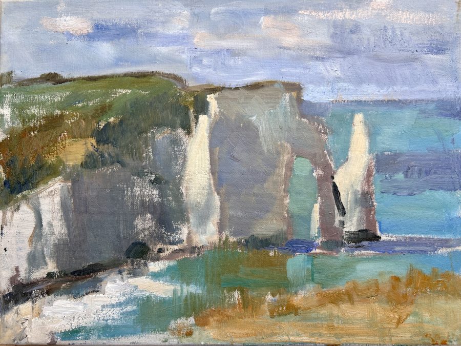 Oil on canvas of a beach and cliff sceen in blues and greens