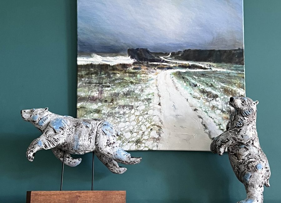 Ceramic Polar Bears in snow scene background painting