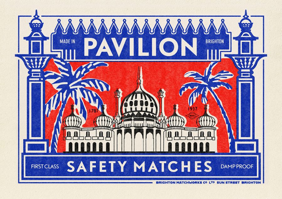 Illustration of the Brighton Pavilion in the style of a vintage matchbox