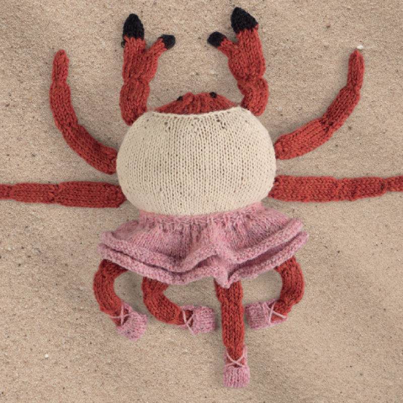 A knitted crab wearing a knitted ballet suit